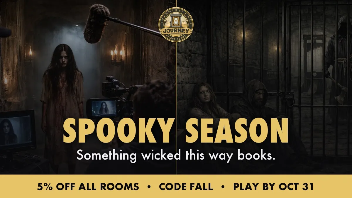 Spooky Season at Journey Escape Rooms: the Dead Air horror show set and the Medieval Mayhem dungeon, 5% off all rooms with code FALL, play by October 31
