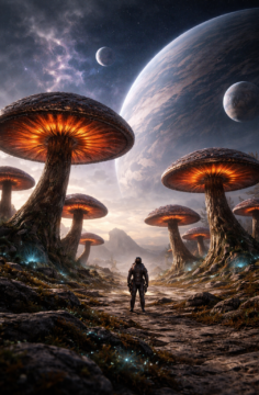 An alien planet with large mushrooms. A large, but distant planet fills the sky.