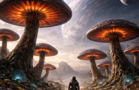 An alien planet with large mushrooms. A large, but distant planet fills the sky.