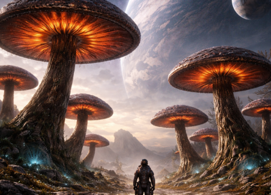 An alien planet with large mushrooms. A large, but distant planet fills the sky.