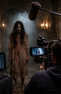 A behind-the-scenes shot of a horror TV show being filmed. A pale woman in a dirty, blood-stained nightgown stands alone in a dark stone hallway with candles and fog, while a film crew, camera monitors, and a boom microphone surround her.