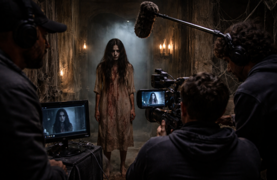 A behind-the-scenes shot of a horror TV show being filmed. A pale woman in a dirty, blood-stained nightgown stands alone in a dark stone hallway with candles and fog, while a film crew, camera monitors, and a boom microphone surround her.