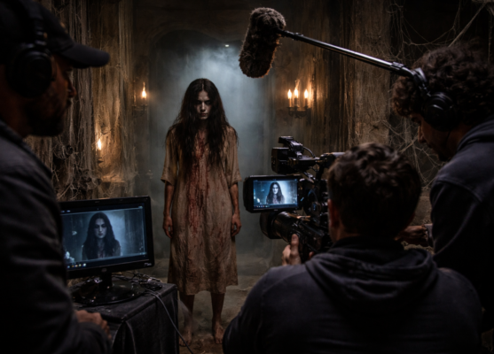 A behind-the-scenes shot of a horror TV show being filmed. A pale woman in a dirty, blood-stained nightgown stands alone in a dark stone hallway with candles and fog, while a film crew, camera monitors, and a boom microphone surround her.