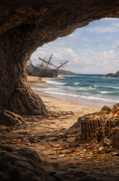 A rocky pirate cave opens out onto a sandy beach and a calm blue ocean. Inside the cave, a skeletal pirate wearing a tricorn hat and eyepatch sits beside open treasure chests overflowing with gold, jewels, and coins, lit by a warm lantern glow. Outside in the distance, a broken pirate ship lies wrecked on the shore as waves roll in under a bright, cloudy sky, creating a sense of mystery and long-forgotten adventure