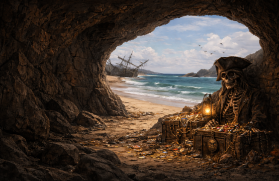 A rocky pirate cave opens out onto a sandy beach and a calm blue ocean. Inside the cave, a skeletal pirate wearing a tricorn hat and eyepatch sits beside open treasure chests overflowing with gold, jewels, and coins, lit by a warm lantern glow. Outside in the distance, a broken pirate ship lies wrecked on the shore as waves roll in under a bright, cloudy sky, creating a sense of mystery and long-forgotten adventure