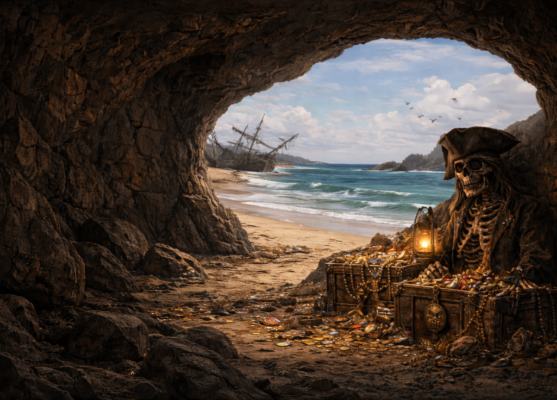 A rocky pirate cave opens out onto a sandy beach and a calm blue ocean. Inside the cave, a skeletal pirate wearing a tricorn hat and eyepatch sits beside open treasure chests overflowing with gold, jewels, and coins, lit by a warm lantern glow. Outside in the distance, a broken pirate ship lies wrecked on the shore as waves roll in under a bright, cloudy sky, creating a sense of mystery and long-forgotten adventure