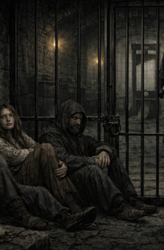 A dark medieval dungeon shows three exhausted prisoners sitting against a cold stone wall inside a locked jail cell. Thick iron bars separate them from a shadowy corridor where a hooded executioner in a black cloak stands holding an axe. In the background, a guillotine is faintly visible under low torchlight, creating a grim and ominous atmosphere.