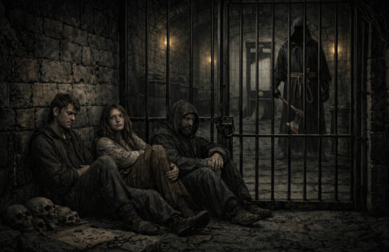A dark medieval dungeon shows three exhausted prisoners sitting against a cold stone wall inside a locked jail cell. Thick iron bars separate them from a shadowy corridor where a hooded executioner in a black cloak stands holding an axe. In the background, a guillotine is faintly visible under low torchlight, creating a grim and ominous atmosphere.