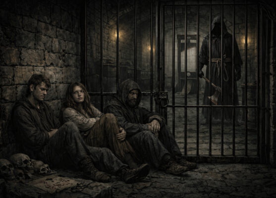 A dark medieval dungeon shows three exhausted prisoners sitting against a cold stone wall inside a locked jail cell. Thick iron bars separate them from a shadowy corridor where a hooded executioner in a black cloak stands holding an axe. In the background, a guillotine is faintly visible under low torchlight, creating a grim and ominous atmosphere.